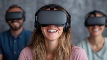 Immersive virtual reality experience with smiling participants wearing headsets photo