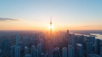 stunning skyline sunset featuring prominent tower surrounded by modern buildings, creating photo
