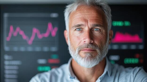 Professional man with gray hair and beard, focused on performance metrics displayed on screen photo