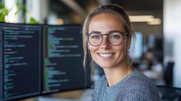 professional woman smiling while working at computer, surrounded by code on multiple screens photo