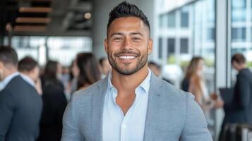 Networking event, professional attire, smiling man, business environment, modern office photo