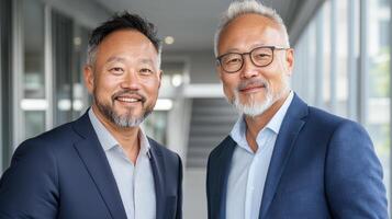 Two professional men smiling in modern office setting, showcasing confidence and camaraderie photo