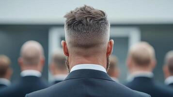 group of men suits standing formation, showcasing variety of hairstyles and professional photo