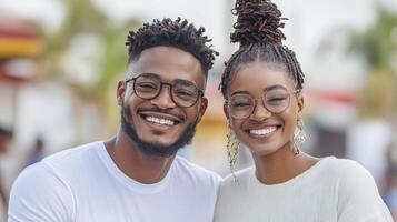 Smiling couple with glasses enjoying sunny day outdoors, radiating happiness and connection photo