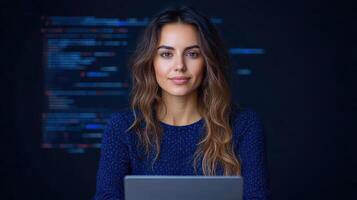 confident woman working laptop, surrounded by digital data and analytics, showcasing modern photo