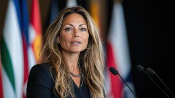 Businesswoman speaking at conference, showcasing confidence and leadership photo