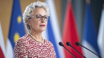 businesswoman delivering speech global economic summit, showcasing confidence and photo