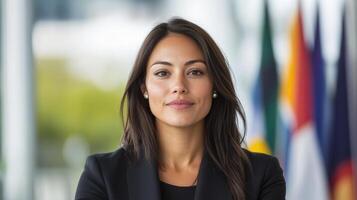 Confident businesswoman standing front of international flags, showcasing leadership and photo