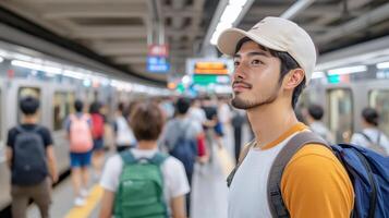 young man stands busy subway station, observing crowd around him. atmosphere is lively photo