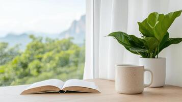 serene morning scene featuring open book, cozy mug, and vibrant plant by window, inviting photo