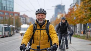smiling man in yellow jacket rides bicycle in urban area, showcasing bike friendly environment photo