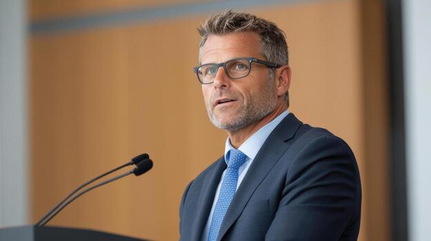 Professional speaker presenting business attire glasses confident expression modern setting photo