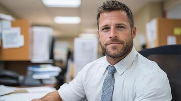 Professional man in office setting, focused and confident, wearing tie and shirt photo