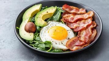 delicious paleo breakfast featuring eggs, bacon, avocado, and spinach, perfect for healthy start photo