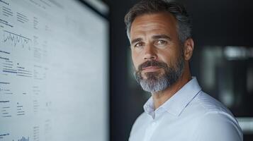 Professional man presenting data in modern office setting, showcasing confidence and expertise photo