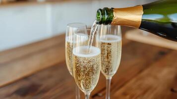 Bubbly champagne being poured into elegant flutes, creating festive atmosphere photo