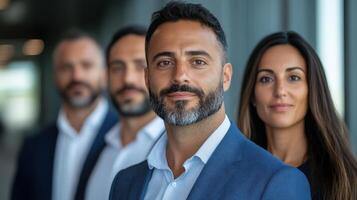 Professional group portrait featuring confident individuals business attire, showcasing teamwork photo
