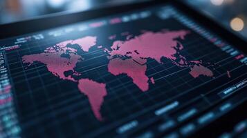 digital world map displaying stock index performance vibrant red tones, showcasing global data photo