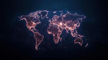 glowing world map visualization with interconnected lines representing data flow and global photo