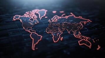 digital world map with glowing red lines, showcasing global connectivity and technology photo
