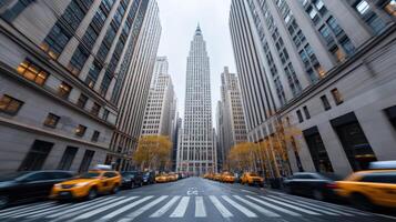 bustling urban scene featuring tall skyscrapers, yellow taxis, and cloudy sky, capturing essence photo