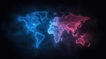 vibrant world map illuminated blue and pink hues, showcasing global regions with modern photo