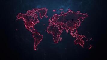 vibrant world map illuminated red, showcasing geographical outlines and borders, evokes sense of photo