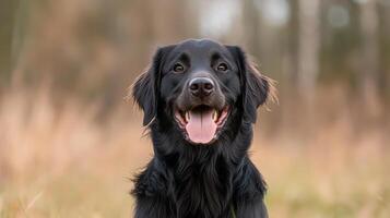 Happy black dog with joyful expression in natural outdoor setting photo