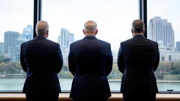 Three men suits stand with their backs to camera, gazing out large window city skyline photo