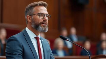 confident speaker addresses audience during formal event, showcasing leadership and engagement photo