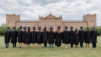 Graduation ceremony with students in caps and gowns standing together outdoors photo