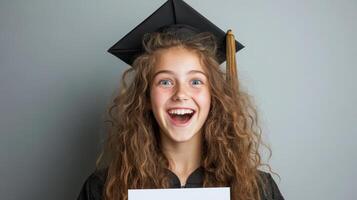 Excited graduate wearing cap and gown, holding diploma with joyful expression photo