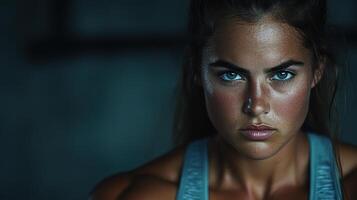 Intense gaze of focused athlete showcasing strength and determination in gym setting photo