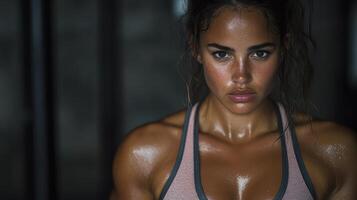 Strong woman with glistening skin, showcasing determination and strength in fitness environment photo