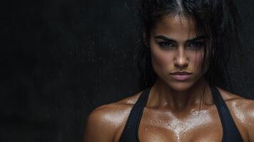 Fierce workout woman with strong physique, glistening skin, and intense expression photo