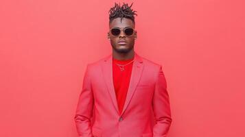 Stylish man red suit with sunglasses against vibrant background, exuding confidence and flair photo