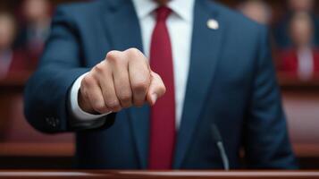 politician delivering passionate speech with raised fist, emphasizing determination and photo