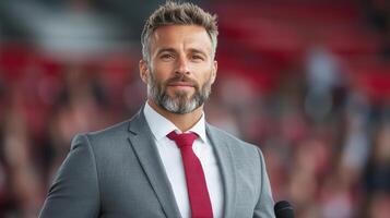 Confident man in suit addressing audience, showcasing leadership and charisma photo