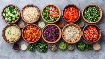 Fresh quinoa salad bar with colorful mix ins and toppings, perfect for healthy meals photo