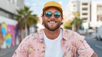 Stylish young man smiling in city street, wearing sunglasses and cap, radiating joy photo