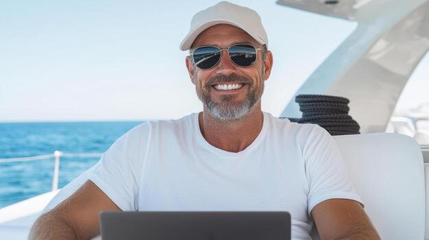 relaxed man enjoying sunny day on yacht, working on laptop with smile photo
