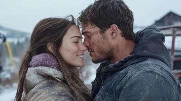 warm embrace between two people in snowy landscape, showcasing love and connection photo