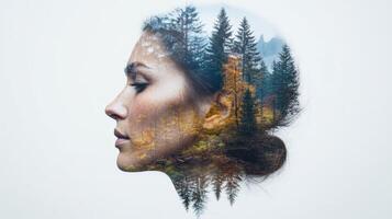 serene double exposure image blending human profile with forest landscape, evoking tranquility photo
