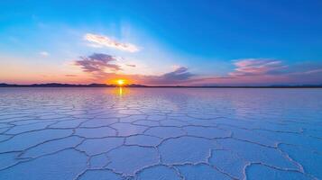 breathtaking sunrise over vast salt flat, showcasing intricate patterns and vibrant colors photo