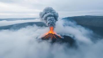 Majestic volcanic eruption with smoke and lava, surrounded by clouds and mountains photo