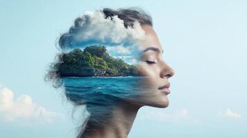Surreal double exposure of serene woman with ocean and island landscape her mind, evoking photo