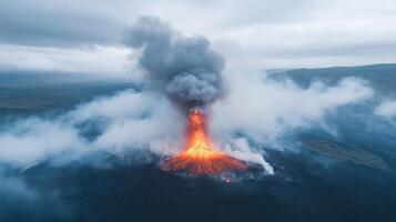 Aerial view of volcanic eruption with lava flow and smoke billowing into sky, showcasing nature photo