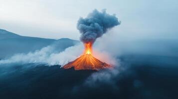 Aerial view of volcanic eruption with lava and smoke billowing into sky, showcasing nature power photo