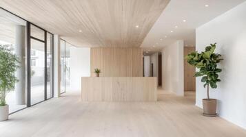 Modern reception area with wooden accents and natural light, creating welcoming atmosphere photo