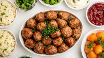 Delicious Swedish meatballs served with sides of mashed potatoes, vegetables, and sauces photo